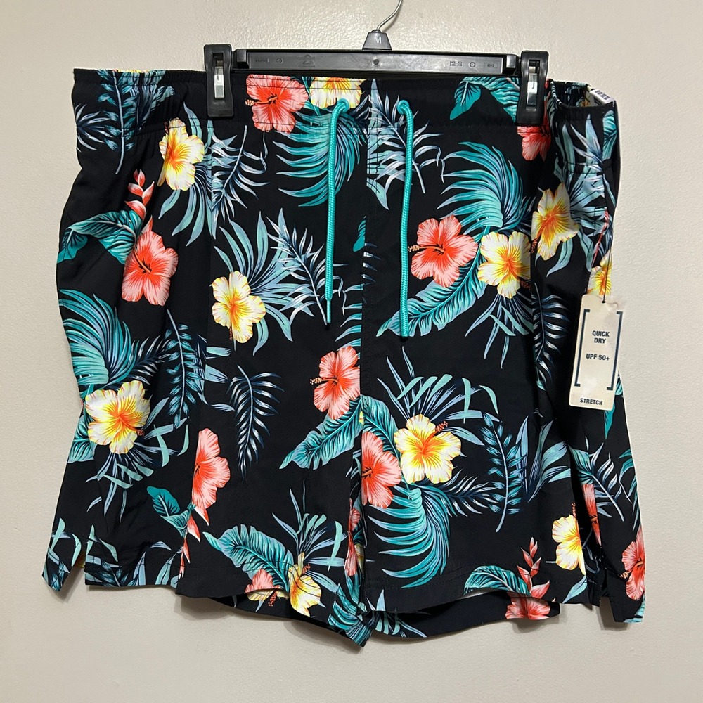 George Swim Trunks Mens 3XL Black Floral New Quick Dry UPF 50+ Stretch Shorts